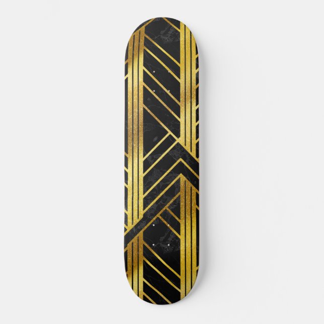 Golden Geometric Dimoned Art Deco on Black Marble Skateboard (Front)