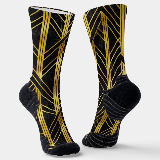 Golden Geometric Dimoned Art Deco on Black Marble Socks (Angled)