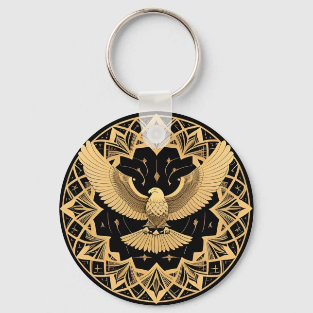 Golden Geometric Eagle on Mandala Key Ring (Front)