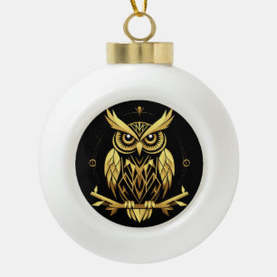 Golden Geometric Owl Illustration Ceramic Ball Christmas Ornament