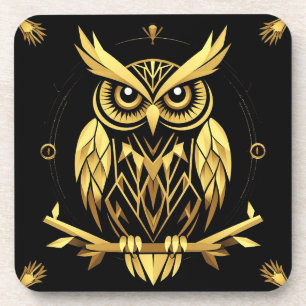 Golden Geometric Owl Illustration Coaster