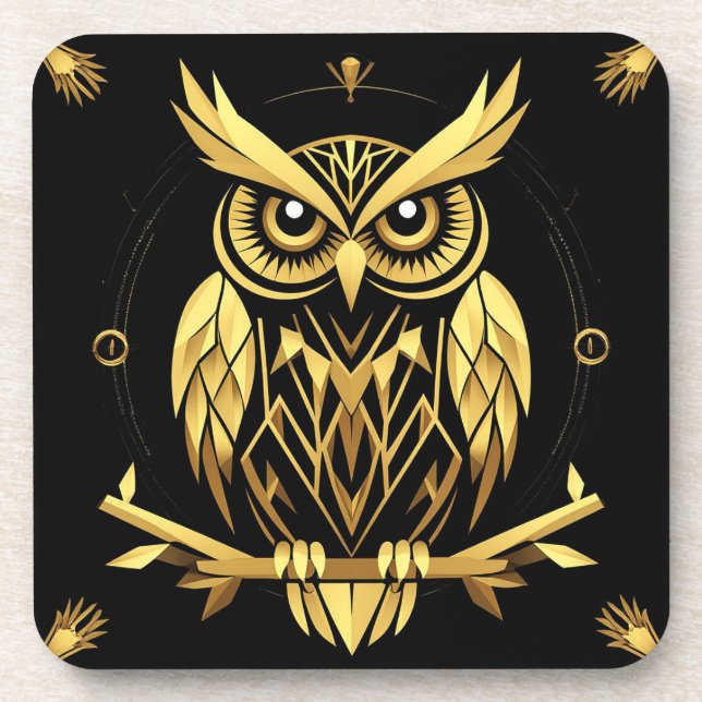 Golden Geometric Owl Illustration Coaster (Front)