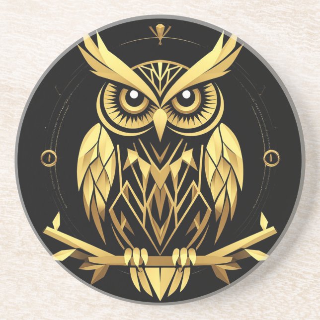 Golden Geometric Owl Illustration Coaster (Front)