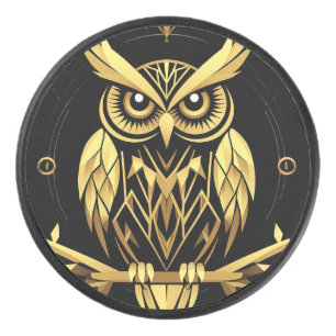 Golden Geometric Owl Illustration Hockey Puck