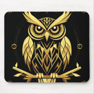 Golden Geometric Owl Illustration Mouse Pad