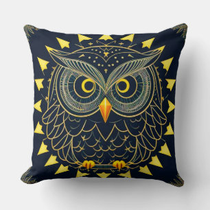 Golden Geometric Owl Illustration with Abstract Pa Cushion