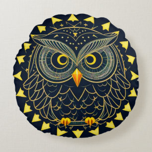 Golden Geometric Owl Illustration with Abstract Pa Round Cushion