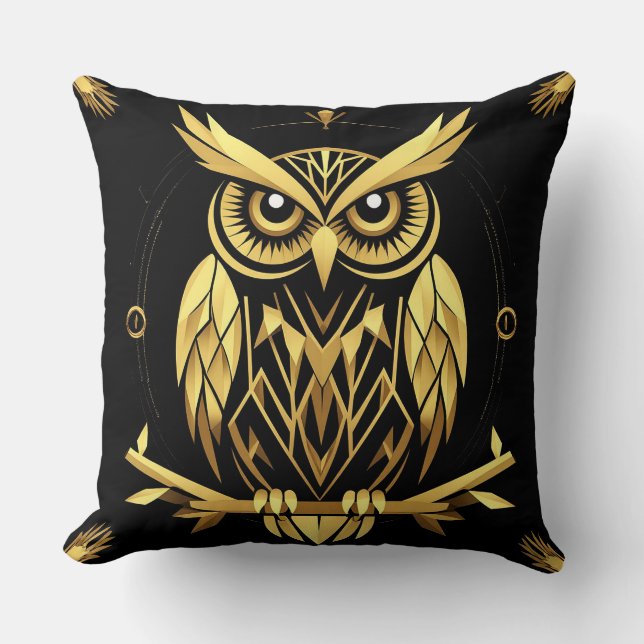 Golden Geometric Owl Statement Home Decor Accent Cushion (Front)