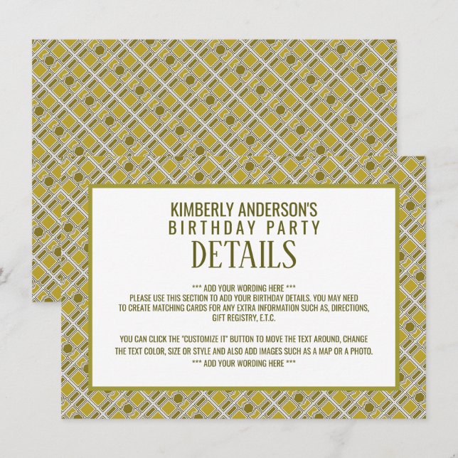 Golden Geometric Pattern, Modern Birthday Detail Invitation (Front/Back)