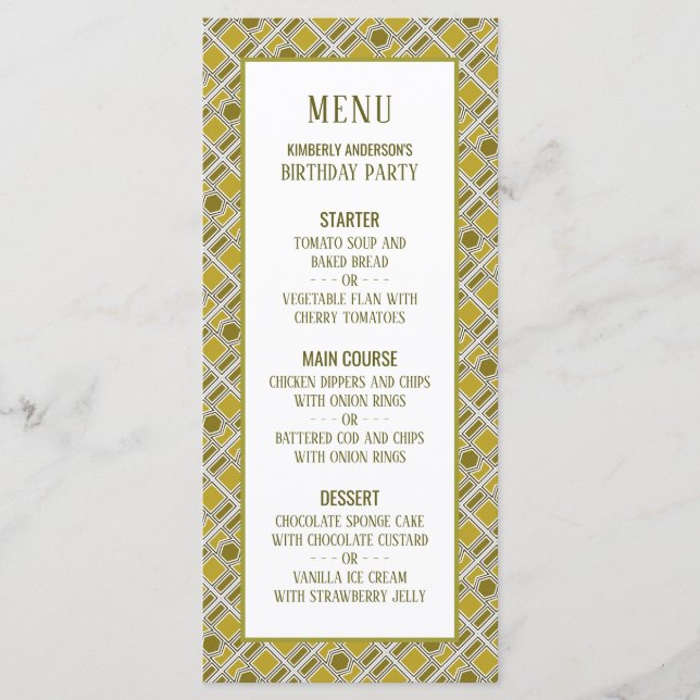 Golden Geometric Pattern, Modern Birthday Menu (Front)