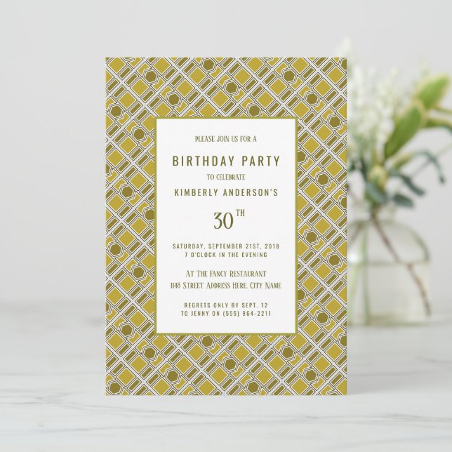 Golden Geometric Pattern, Modern Birthday Party Invitation (Standing Front)