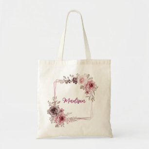Golden Geometric Roses Personalised Floral Name Tote Bag