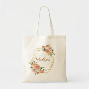 Golden Geometric Roses Personalised Floral Name Tote Bag