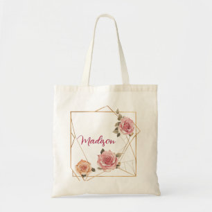 Golden Geometric Roses Personalised Floral Name Tote Bag