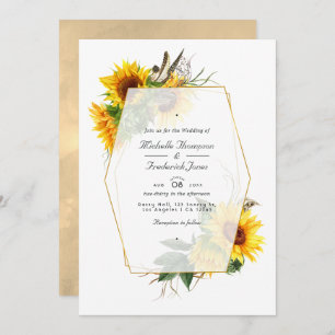 Golden Geometric Sunflowers QR Code RSVP Wedding Invitation
