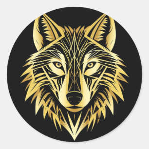 Golden Geometric Wolf Illustration Classic Round Sticker