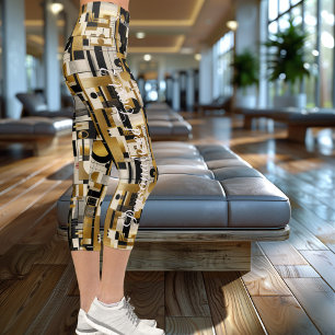 Golden Geometrics: Modern Abstract Pattern Capri Leggings