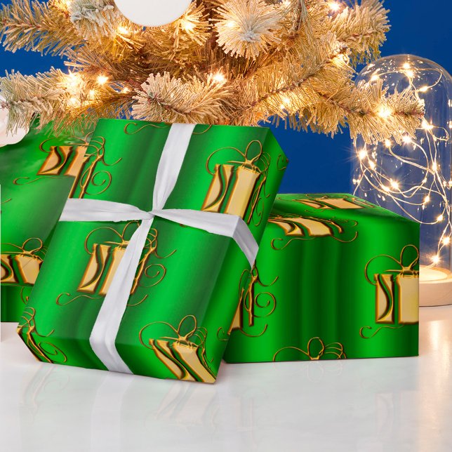 Golden Gifts on Metallic Green Christmas Wrapping Paper (Creator Uploaded)