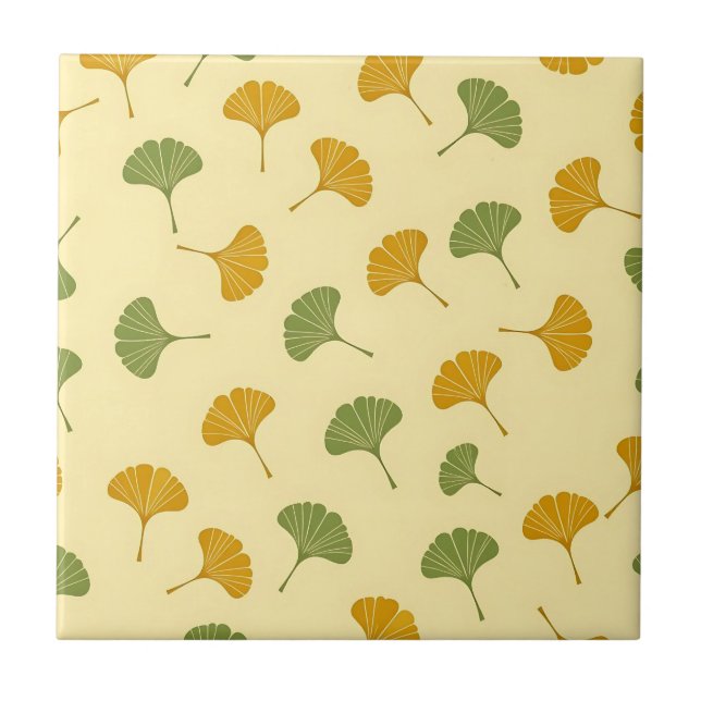 Golden Ginkgo Biloba Leaf Pattern Earthy  Ceramic Tile (Front)