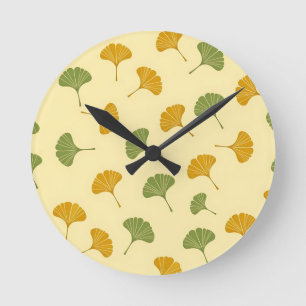 Golden Ginkgo Biloba Leaf Pattern Earthy Round Clock