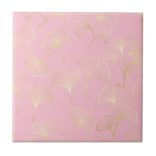 Golden Ginkgo Botanical Blush Nature Pattern Ceramic Tile