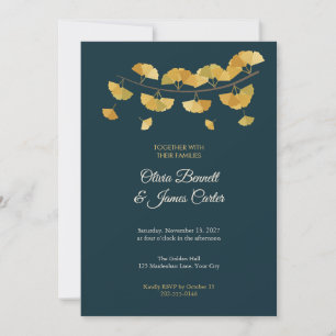 Golden Ginkgo Leaves Petrol Blue Wedding Invite