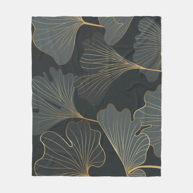 Golden Ginkgo: Luxurious Floral Deco. Fleece Blanket (Front)
