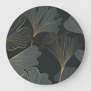 Golden Ginkgo: Luxurious Floral Deco. Large Clock