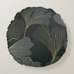 Golden Ginkgo: Luxurious Floral Deco. Round Cushion