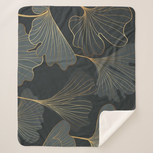 Golden Ginkgo: Luxurious Floral Deco. Sherpa Blanket (Front)