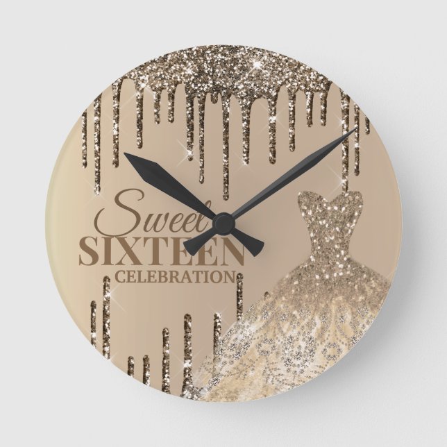 Golden Glamour Glitter Spark Drip Sweet 16 Birthda Round Clock (Front)