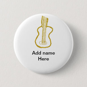 Golden glitter acoustic guitar add name doodle 6 cm round badge