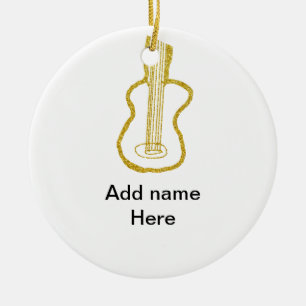 Golden glitter acoustic guitar add name doodle ceramic ornament