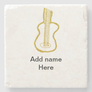 Golden glitter acoustic guitar add name doodle stone coaster