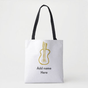 Golden glitter acoustic guitar add name doodle tote bag