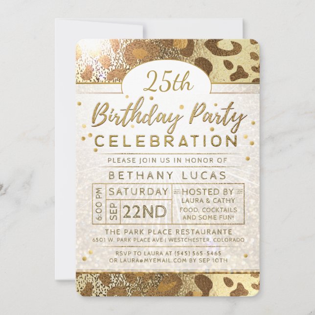 Golden Glitter Animal Print Birthday Party Invitation (Front)