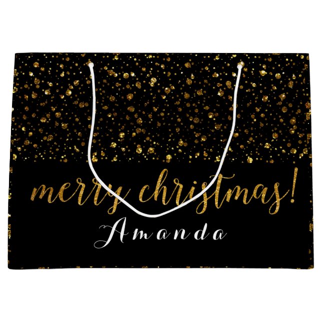 Golden Glitter Black White Merry Christmas Confett Large Gift Bag (Front)