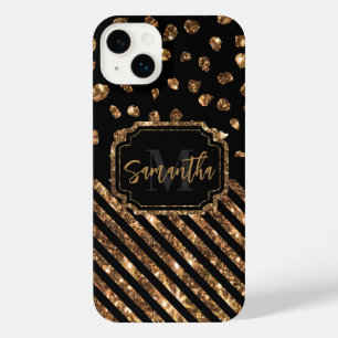 Golden Glitter Dots and Stripes iPhone 14 Plus Case