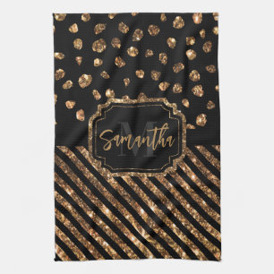 Golden Glitter Dots and Stripes Tea Towel