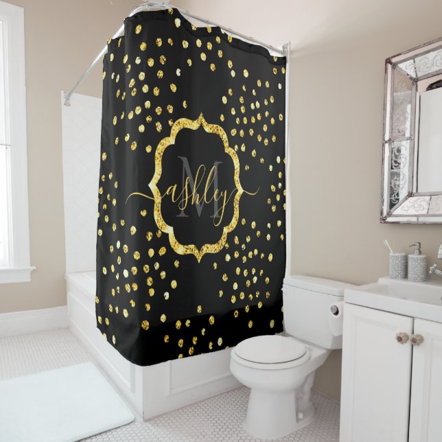Golden Glitter Dots Monogram Shower Curtain (In Situ)
