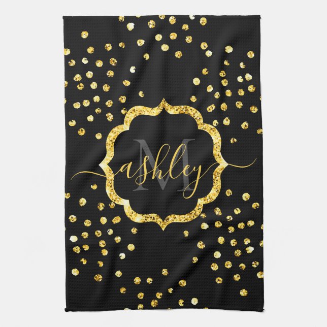 Golden Glitter Dots Monogram Tea Towel (Vertical)