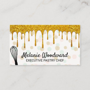 Golden Glitter Drip Polka Dot Pattern and Whisk Business Card