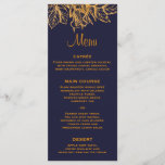 Golden Glitter Floral Dark Blue Wedding Menu<br><div class="desc">A stylish and chic gold and blue wedding reception menu which features a midnight blue background with gold glitter (please note,  it's not actual glitter but included in the artwork) flowers and leaves along the top.</div>