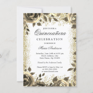 Golden Glitter Floral Modern Quinceanera Party Invitation