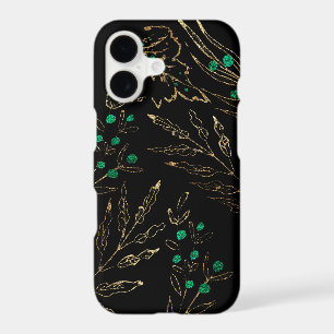 Golden glitter flowers leaves green floral black d