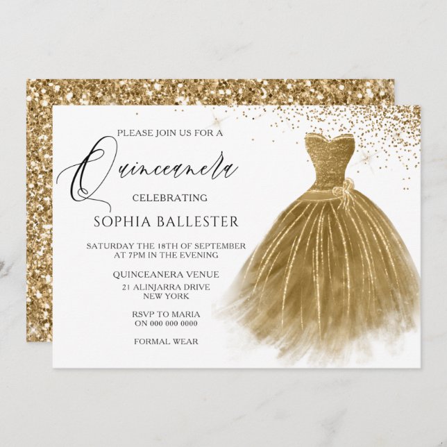 Golden Glitter Gold Gown Dress Quinceanera Invitation (Front/Back)