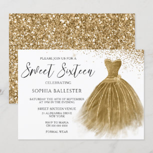Golden Glitter Gold Gown Dress Sweet 16 Invitation