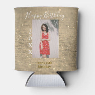 Golden glitter happy 15th birthday photo name year can cooler