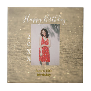Golden glitter happy 15th birthday photo name year ceramic tile