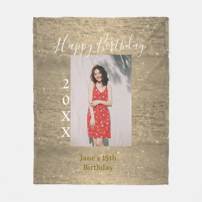 Golden glitter happy 15th birthday photo name year fleece blanket (Front)